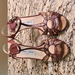 Jimmy Choo snakeskin t-strap heeled sandals EUC